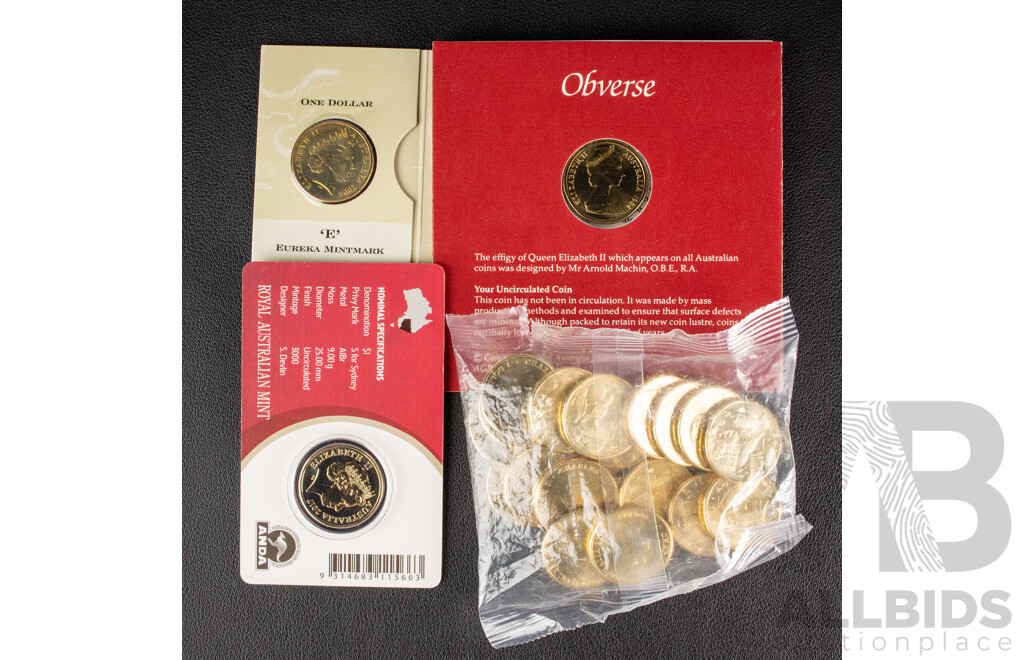 Twenty Australian 2025 UNC One Dollar Coins, Aussie Big Things Series Two, 2017 One Dollar, Mob of Roos S Privy Mark, 1984 One Dollar, First Year Issue, 2004 One Dollar, Eureka E Mint Mark