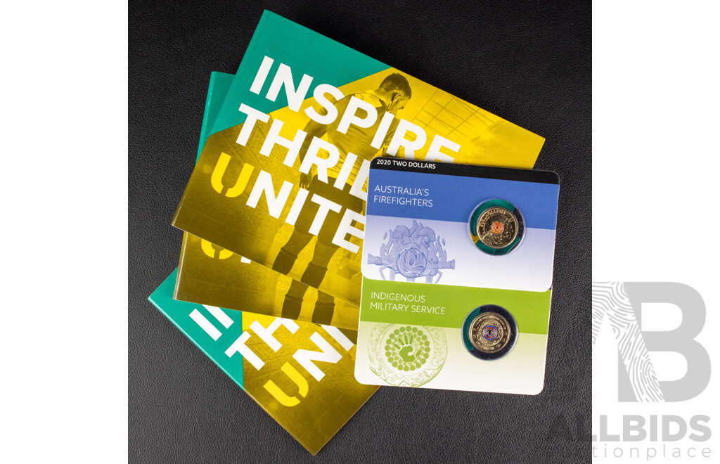 Australian UNC Commemorative Two Dollar Coins Including 2021 Indigenous Military Service, 2020 Australia's Fire Fighters, Three 2019 Wallabies