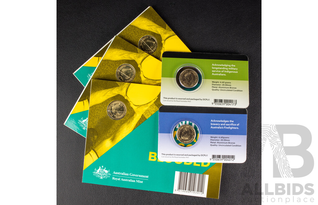 Australian UNC Commemorative Two Dollar Coins Including 2021 Indigenous Military Service, 2020 Australia's Fire Fighters, Three 2019 Wallabies
