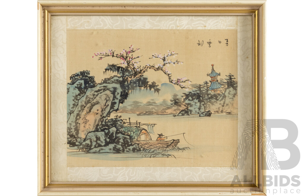Artist Unknown, (20th Century, Asian School), Fisherman Beneath the Blossoms, Original Vintage Ink and Wash on Silk Panel, 29 x 34 cm (frame)