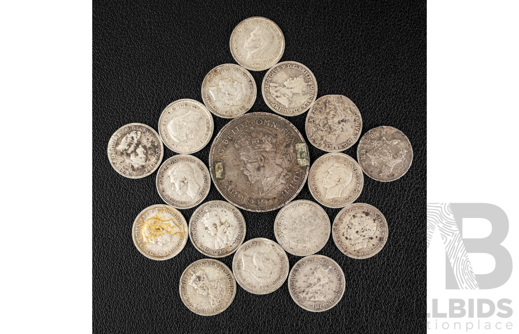 Australian Silver Coins Including 1927 Commemorative Florin, Sixteen Threepence, Examples Spanning 1921 to 1943 .925