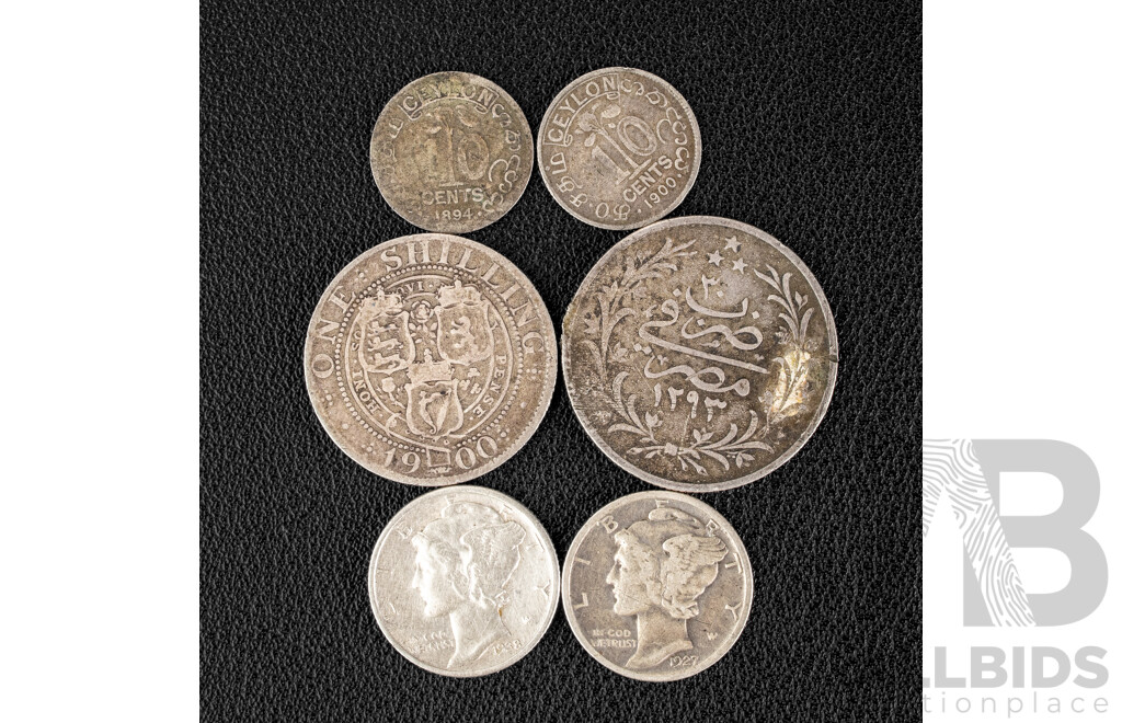 Six Vintage Silver Coins Including United Kingdom 1900 Shilling, Ceylon 1894 and 1900 Ten Cents, USA 1927 and 1938 Dimes, Egypt 1904 Five Qirsh