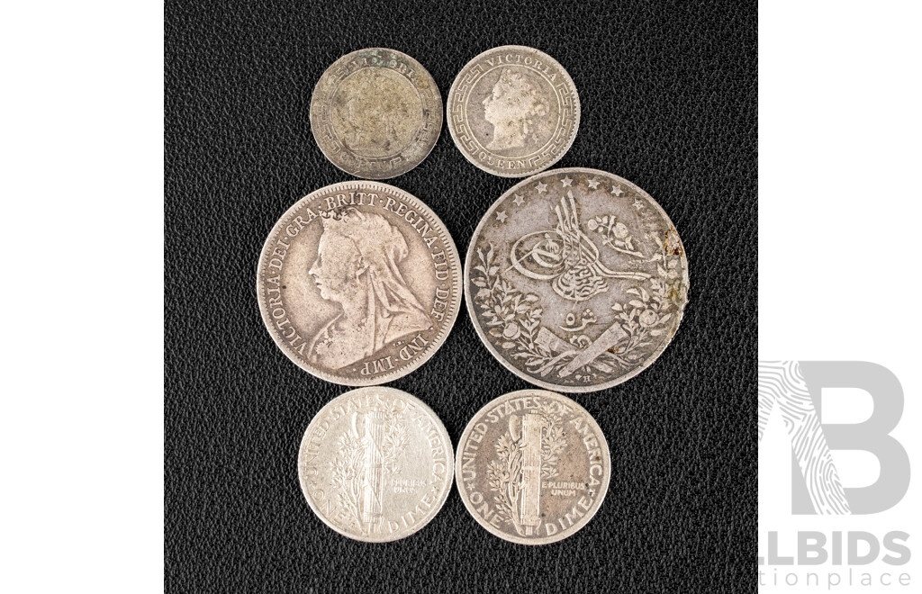 Six Vintage Silver Coins Including United Kingdom 1900 Shilling, Ceylon 1894 and 1900 Ten Cents, USA 1927 and 1938 Dimes, Egypt 1904 Five Qirsh