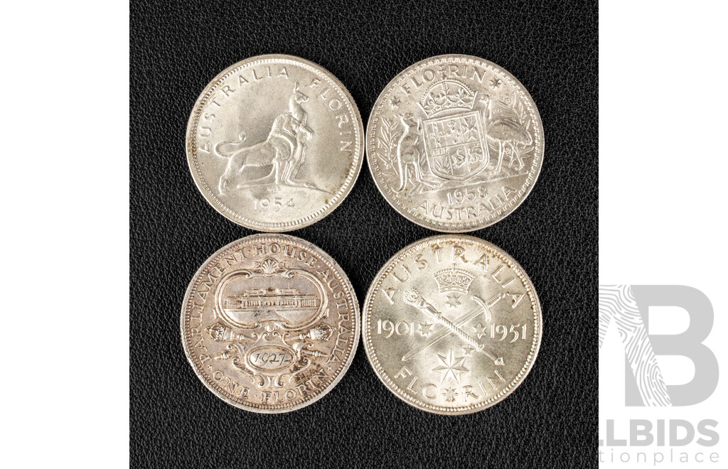 Four Australian Silver Florins Including 1927, 1951, 1954 Commemoratives and 1958