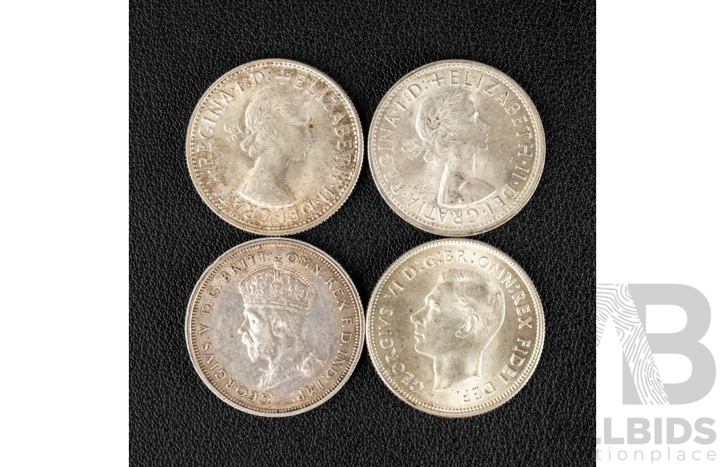 Four Australian Silver Florins Including 1927, 1951, 1954 Commemoratives and 1958