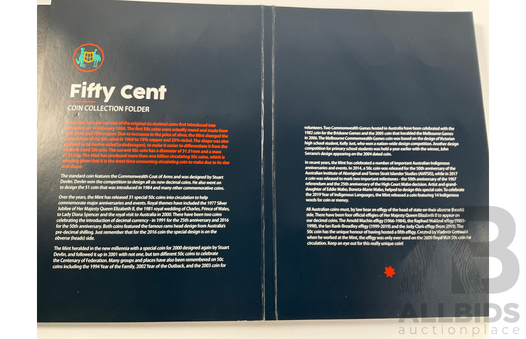 Australian RAM Fifty Cent Coin Collection Folder, Examples Spanning 1970 to 2019