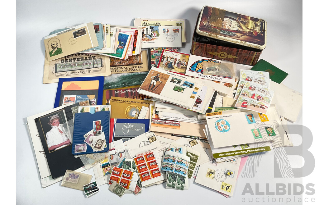 Collection of Australian Mint Stamps, Packs and First Day Covers Including Mint Predecimal Blocks, Mint Antarctic Territory Sheets, 1970's and 80's Stamp Packs Including America's Cup........