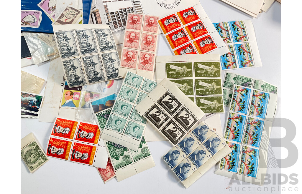Collection of Australian Mint Stamps, Packs and First Day Covers Including Mint Predecimal Blocks, Mint Antarctic Territory Sheets, 1970's and 80's Stamp Packs Including America's Cup........