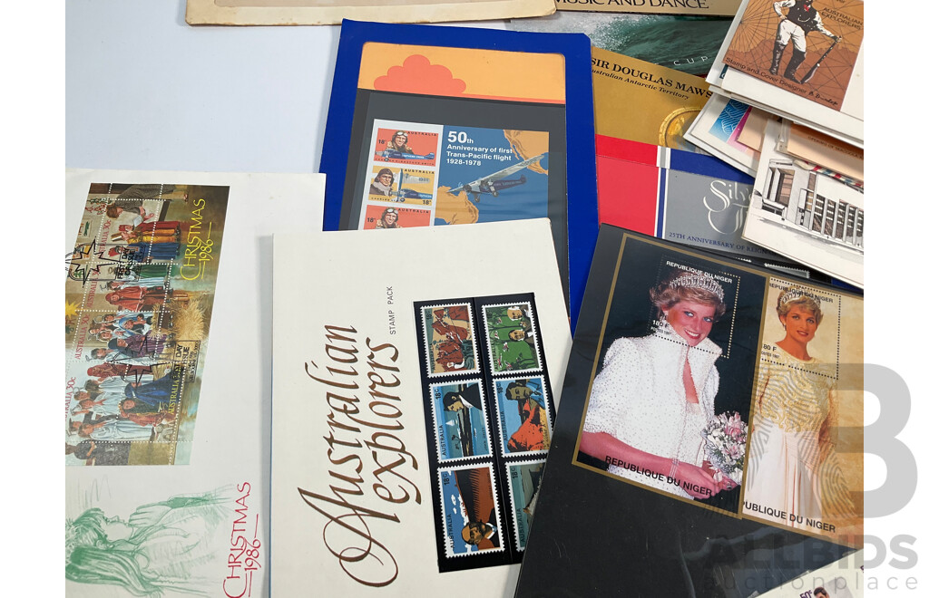 Collection of Australian Mint Stamps, Packs and First Day Covers Including Mint Predecimal Blocks, Mint Antarctic Territory Sheets, 1970's and 80's Stamp Packs Including America's Cup........