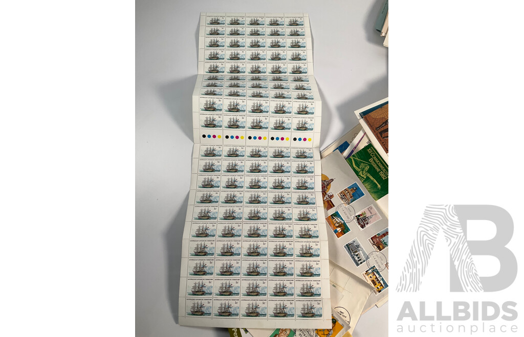 Collection of Australian Mint Stamps, Packs and First Day Covers Including Mint Predecimal Blocks, Mint Antarctic Territory Sheets, 1970's and 80's Stamp Packs Including America's Cup........