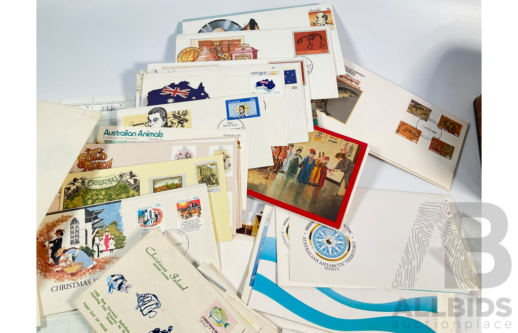 Collection of Australian Mint Stamps, Packs and First Day Covers Including Mint Predecimal Blocks, Mint Antarctic Territory Sheets, 1970's and 80's Stamp Packs Including America's Cup........