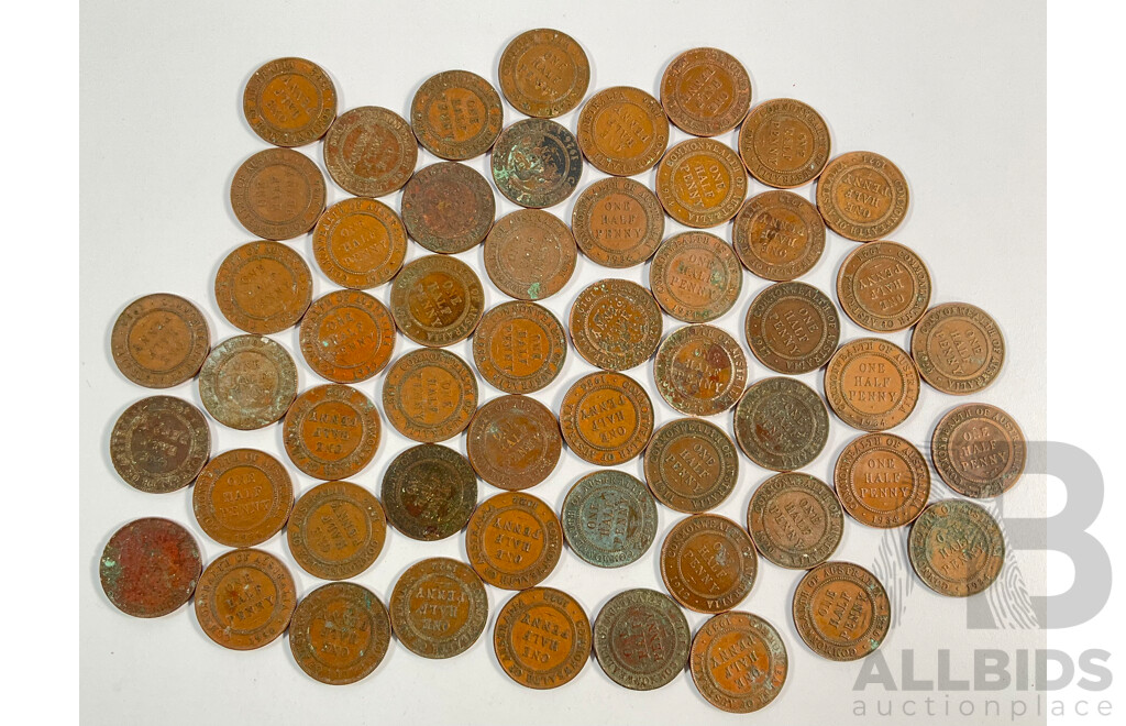 Collection of Australian KGV Half Pennies Including 1911, 1912, 1913, 1914, 1916, 1917I, 1919, 1920, 1921, 1922, 1926, 1932, 1933, 1934, 1935, 1936