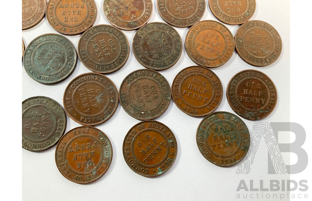 Collection of Australian KGV Half Pennies Including 1911, 1912, 1913, 1914, 1916, 1917I, 1919, 1920, 1921, 1922, 1926, 1932, 1933, 1934, 1935, 1936