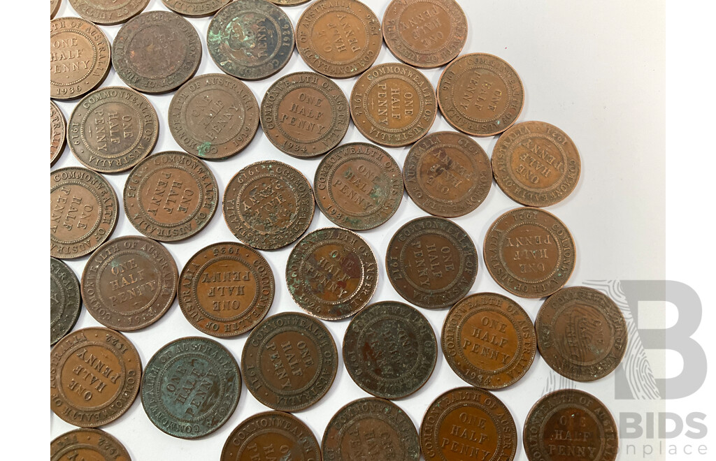 Collection of Australian KGV Half Pennies Including 1911, 1912, 1913, 1914, 1916, 1917I, 1919, 1920, 1921, 1922, 1926, 1932, 1933, 1934, 1935, 1936