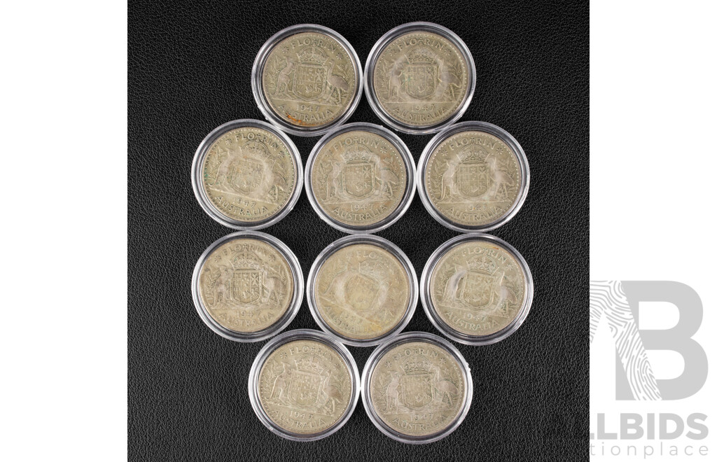 Ten Australian 1947 KGVI Silver Florins .500