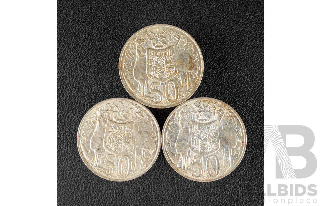 Three Australian 1966 Round Silver Fifty Cent Coins .800