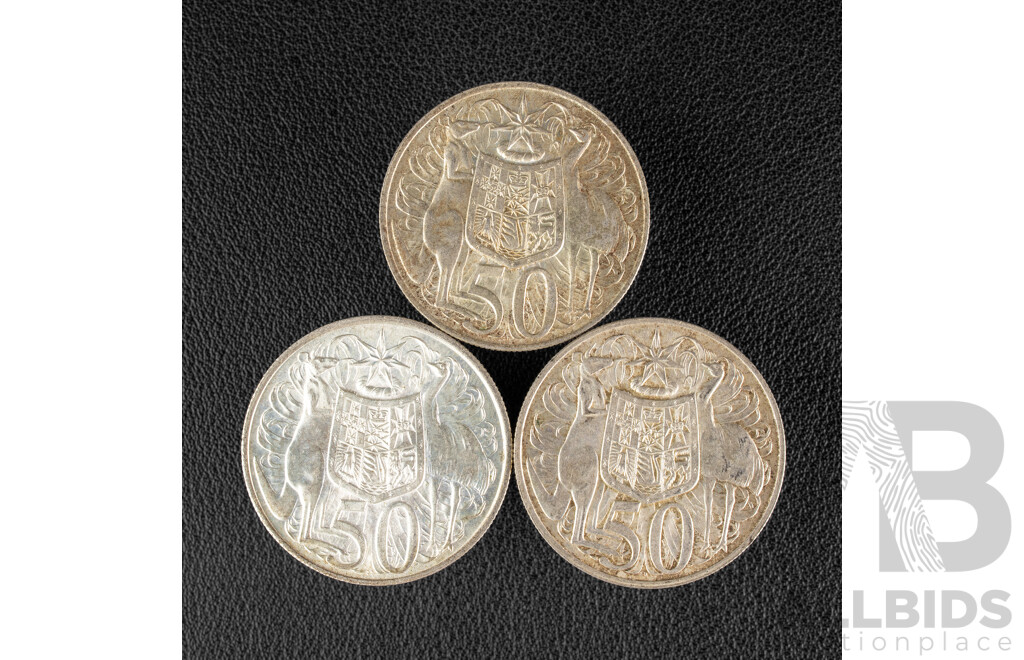 Three Australian 1966 Round Silver Fifty Cent Coins .800