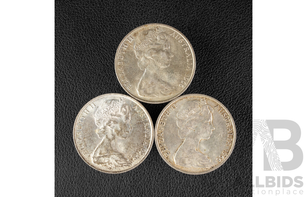 Three Australian 1966 Round Silver Fifty Cent Coins .800