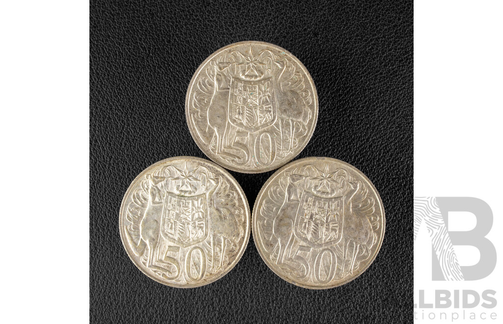 Three Australian 1966 Round Silver Fifty Cent Coins .800