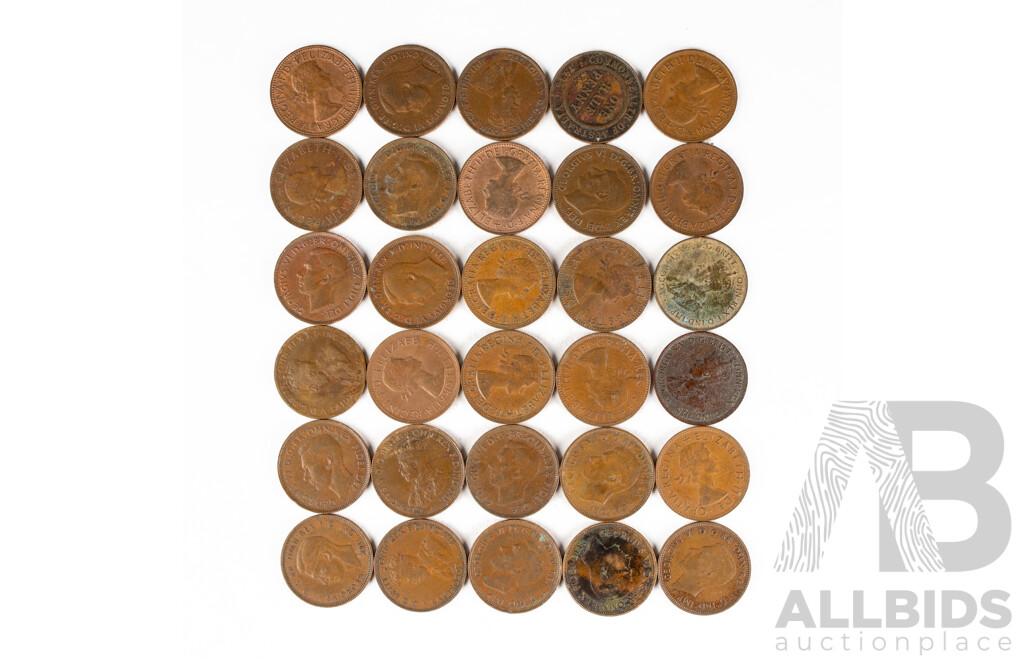 Thirty Australian Half Pennies, Examples Spanning 1919 to 1964