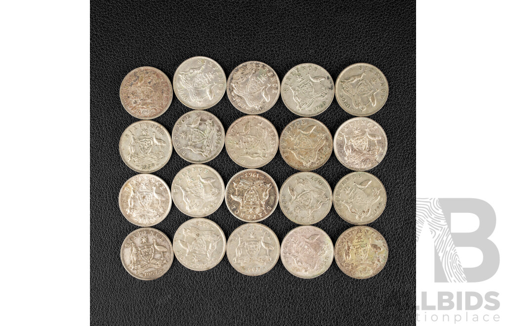 Twenty Australian KGVI/QE2 Silver Sixpence Spanning 1948 to 1963 .500