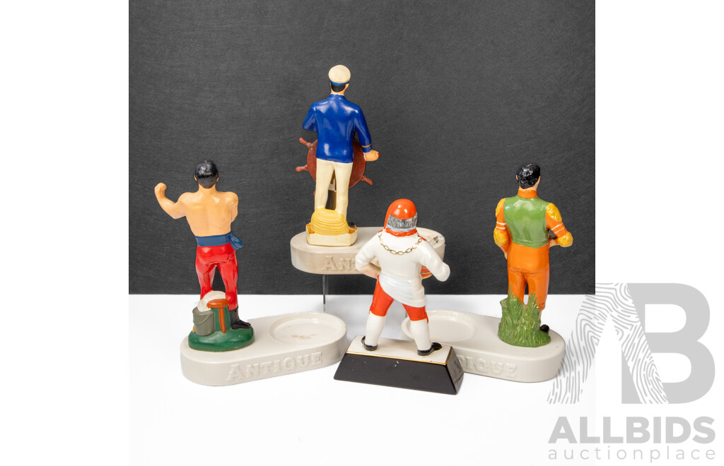Three Antique Bourbon Ceramic Bottle Stands with Cartonware Pick Flowers Brewmaster Advertising Figure