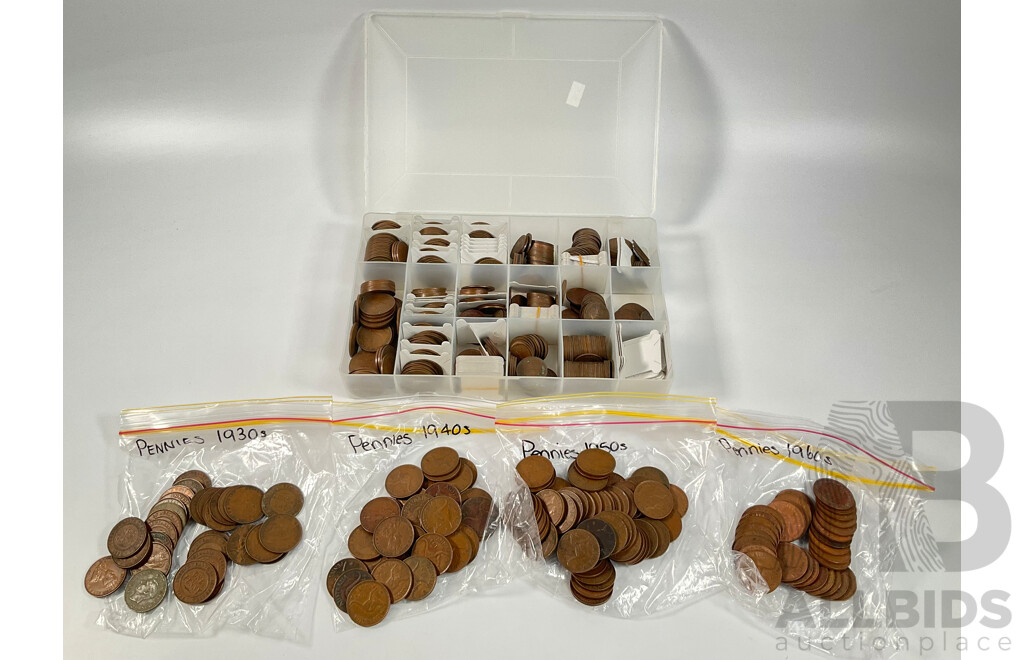 Collection of Australian Pennies and Half Pennies, Examples Spanning 1911 to 1964, Partially Sorted - Approximately 4.5 Kilograms