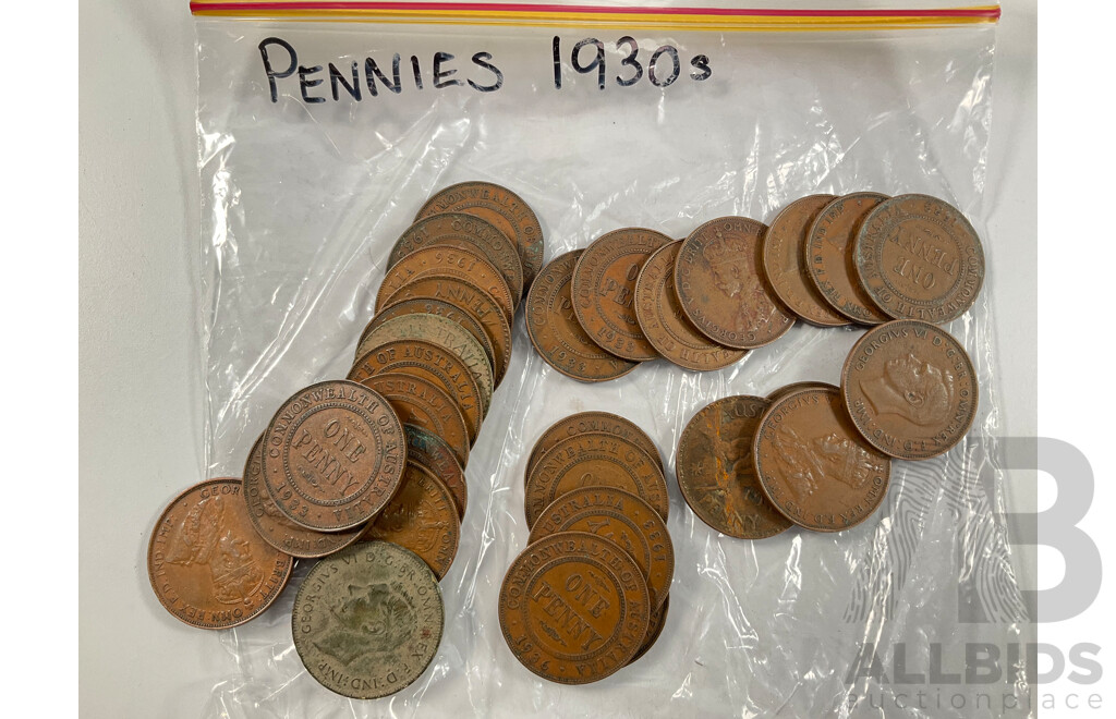 Collection of Australian Pennies and Half Pennies, Examples Spanning 1911 to 1964, Partially Sorted - Approximately 4.5 Kilograms