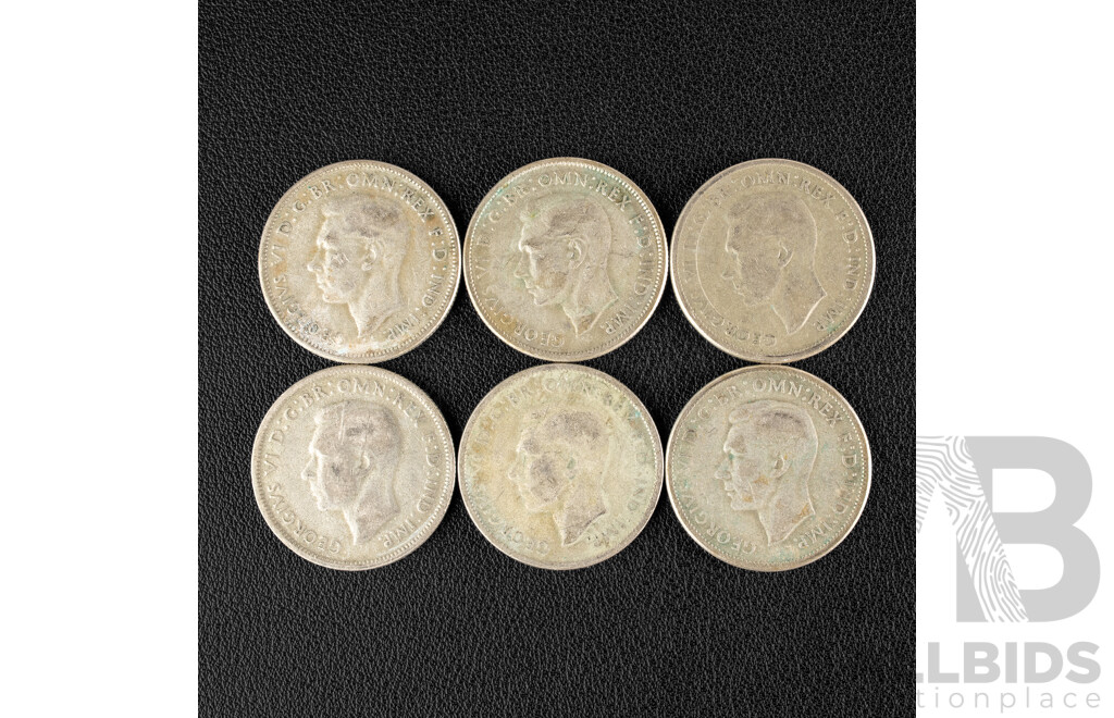 Six Australian 1947 KGVI Silver Florins .500