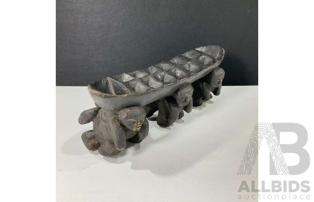 Large Hand-Carved African Figural Mancala Game Board, Supported by Six Carved Human Figures