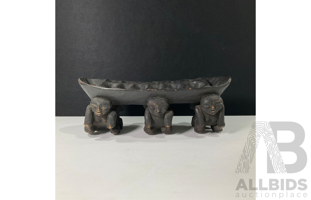 Large Hand-Carved African Figural Mancala Game Board, Supported by Six Carved Human Figures