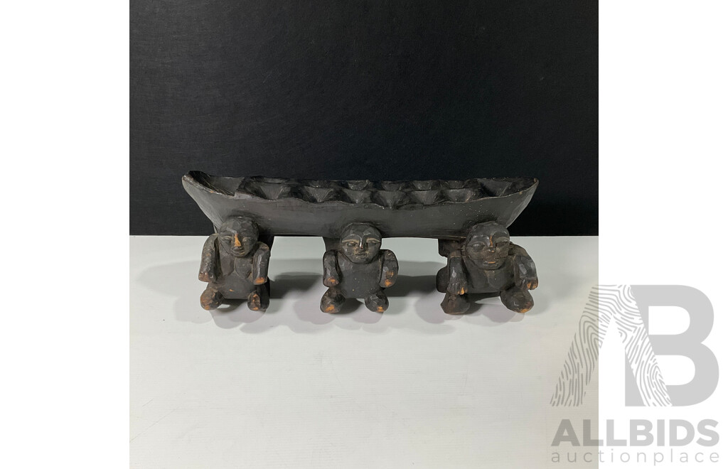 Large Hand-Carved African Figural Mancala Game Board, Supported by Six Carved Human Figures