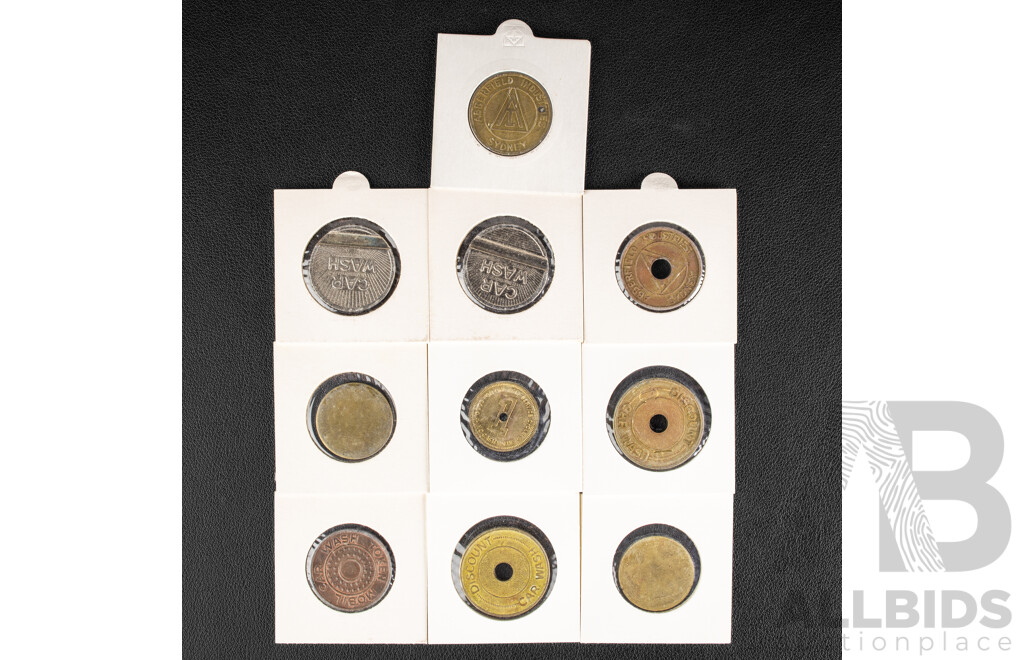 Ten Australian Vintage Car Wash Tokens Including Shell Wash, Mobile Wash, Caltex Wash, Amoco Wash, BP Clean & Go, Car Lovers, Two Ryko Wash, Two Rub-A-Dub