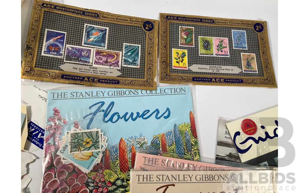 Collection of International Vintage Mint and Vintage Stamps Including Australia, USSR, Yugoslavia, Gibraltar, Indonesia, Burma, United Kingdom, Nauru, Canada, Silk Stamp Scarf, Stanley Gibbons Packs, Reproduction Imperial Korea Stamp Book