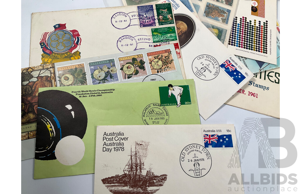 Collection of International Vintage Mint and Vintage Stamps Including Australia, USSR, Yugoslavia, Gibraltar, Indonesia, Burma, United Kingdom, Nauru, Canada, Silk Stamp Scarf, Stanley Gibbons Packs, Reproduction Imperial Korea Stamp Book
