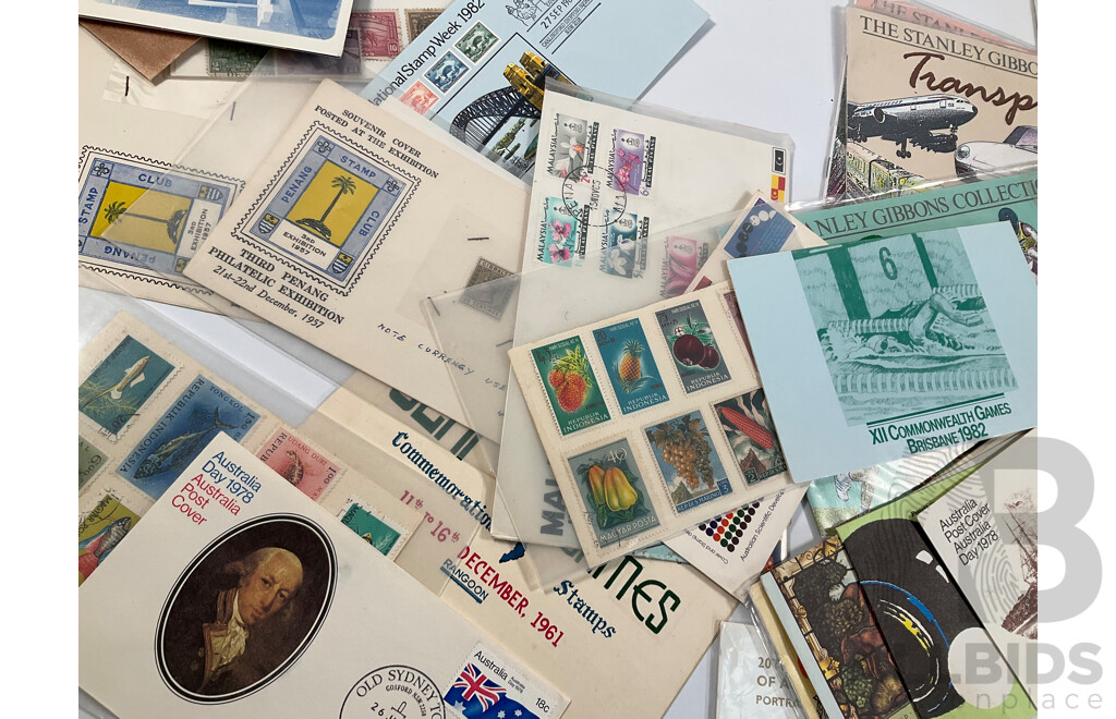 Collection of International Vintage Mint and Vintage Stamps Including Australia, USSR, Yugoslavia, Gibraltar, Indonesia, Burma, United Kingdom, Nauru, Canada, Silk Stamp Scarf, Stanley Gibbons Packs, Reproduction Imperial Korea Stamp Book