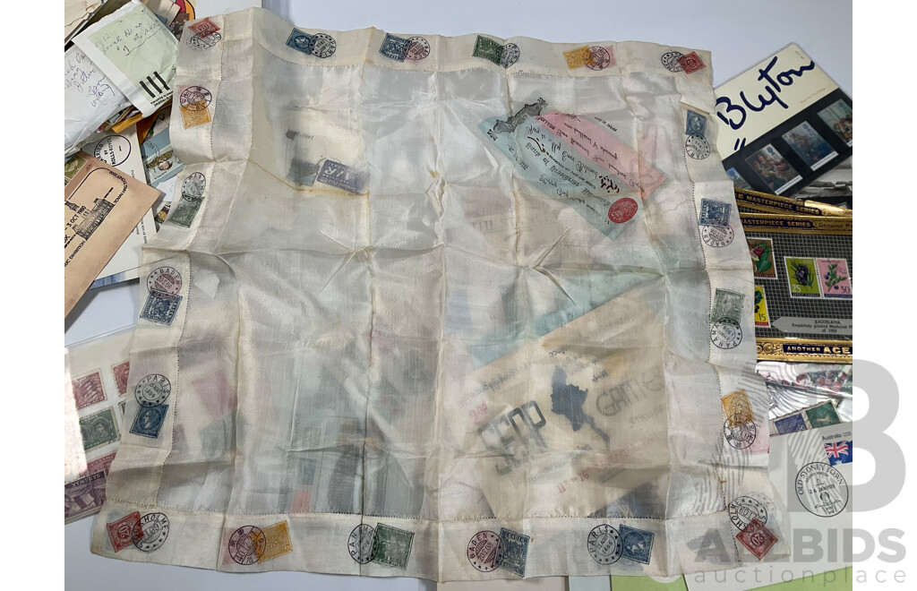 Collection of International Vintage Mint and Vintage Stamps Including Australia, USSR, Yugoslavia, Gibraltar, Indonesia, Burma, United Kingdom, Nauru, Canada, Silk Stamp Scarf, Stanley Gibbons Packs, Reproduction Imperial Korea Stamp Book