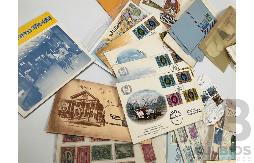 Collection of International Vintage Mint and Vintage Stamps Including Australia, USSR, Yugoslavia, Gibraltar, Indonesia, Burma, United Kingdom, Nauru, Canada, Silk Stamp Scarf, Stanley Gibbons Packs, Reproduction Imperial Korea Stamp Book