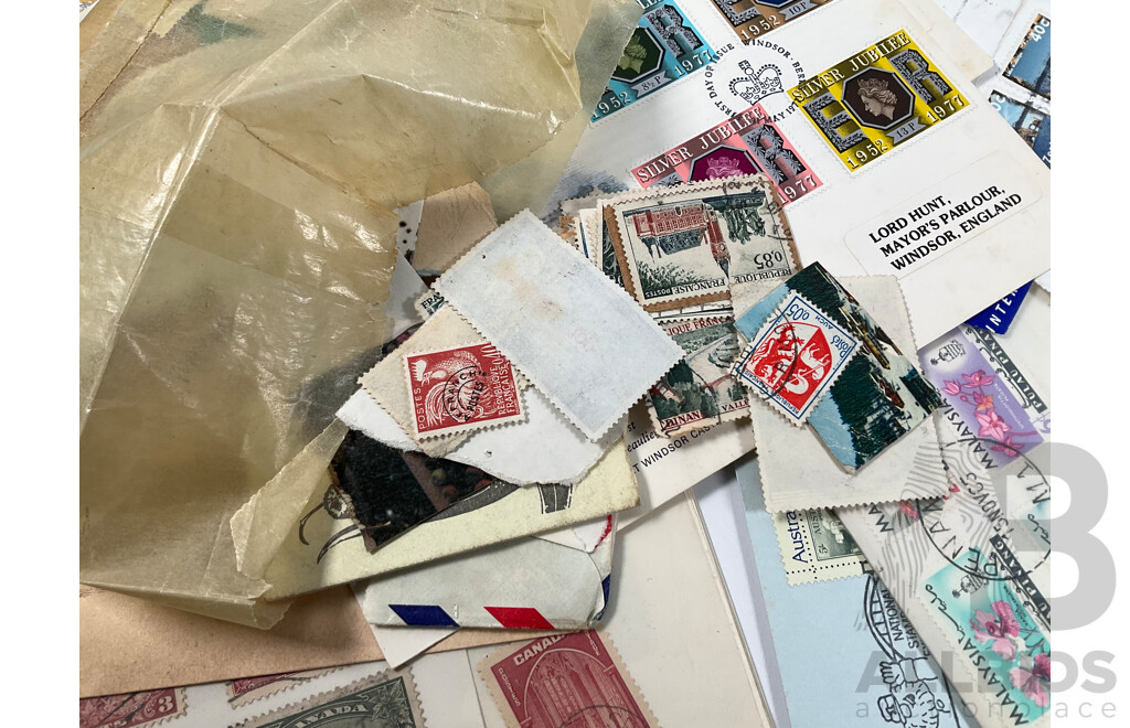 Collection of International Vintage Mint and Vintage Stamps Including Australia, USSR, Yugoslavia, Gibraltar, Indonesia, Burma, United Kingdom, Nauru, Canada, Silk Stamp Scarf, Stanley Gibbons Packs, Reproduction Imperial Korea Stamp Book