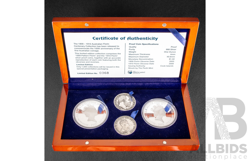 Cook Islands Perth Mint 2005/2008 Silver Proof One Dollar Coins, the 1909-1910 Australian Florin Centenary Collection .999