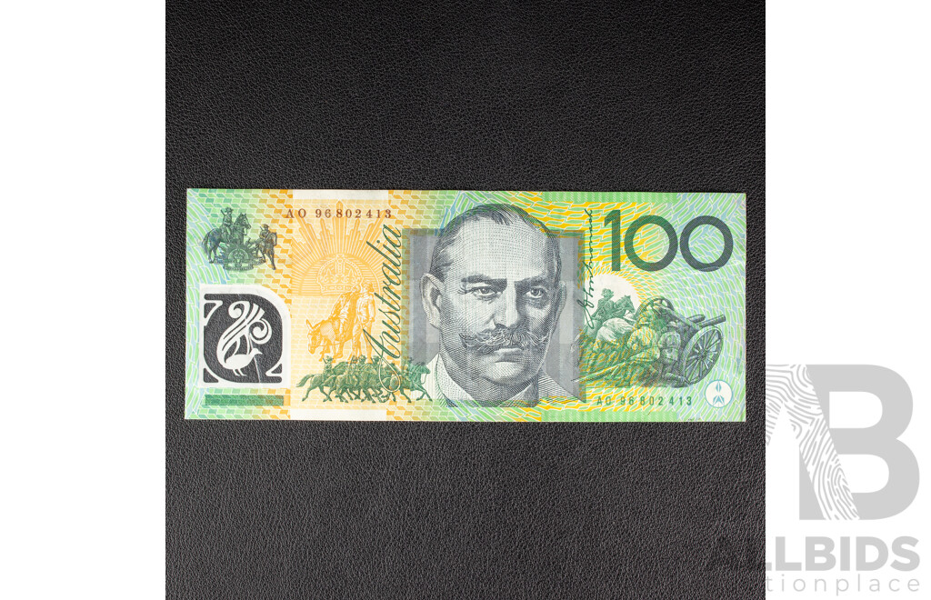 Australian 1996 One Hundred Dollar Note, Fraser/Evans R616T Test Note, AO 96802413