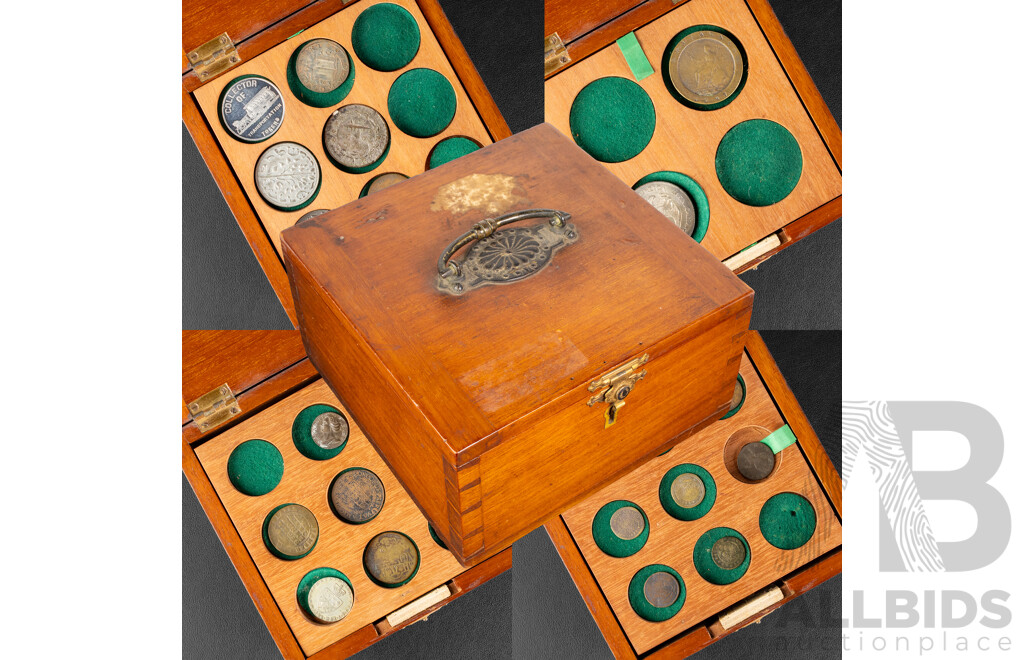 Timber Coin Display Box with Collection of Souvenir and Replica Coins and Tokens Including False Shekels, Declaration of War by the Alliance of England and Spain Token and More