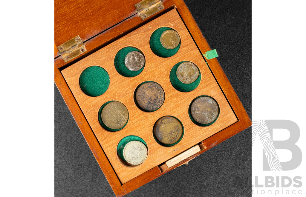 Timber Coin Display Box with Collection of Souvenir and Replica Coins and Tokens Including False Shekels, Declaration of War by the Alliance of England and Spain Token and More
