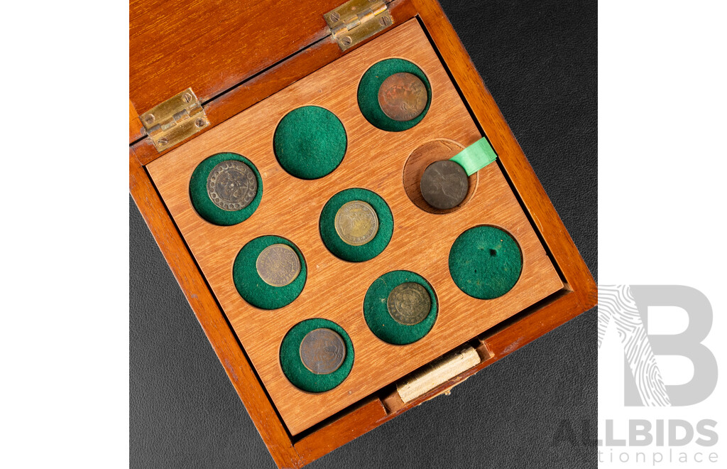 Timber Coin Display Box with Collection of Souvenir and Replica Coins and Tokens Including False Shekels, Declaration of War by the Alliance of England and Spain Token and More