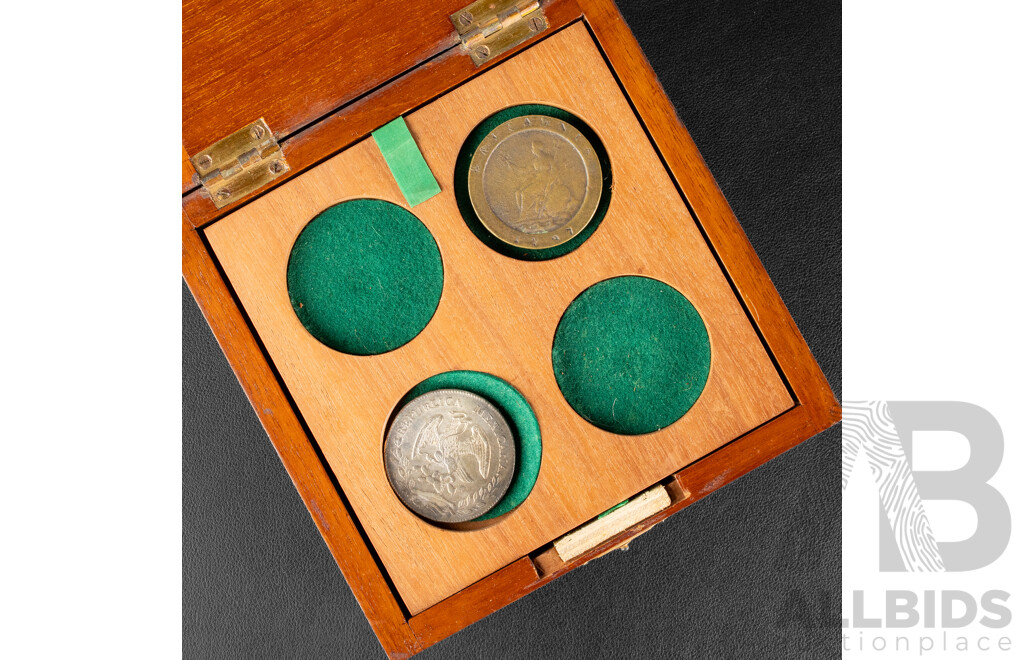 Timber Coin Display Box with Collection of Souvenir and Replica Coins and Tokens Including False Shekels, Declaration of War by the Alliance of England and Spain Token and More