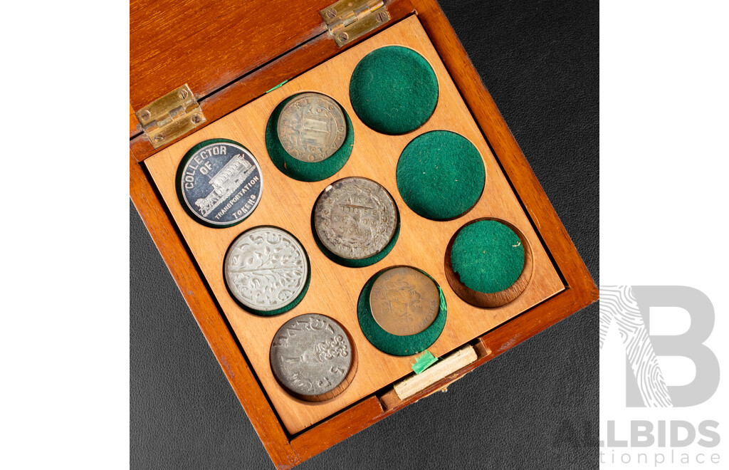 Timber Coin Display Box with Collection of Souvenir and Replica Coins and Tokens Including False Shekels, Declaration of War by the Alliance of England and Spain Token and More