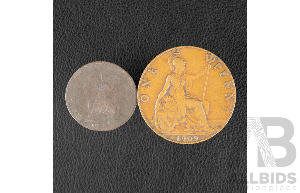 Great Britain 1775 KGIII Farthing and 1909 KEVII Penny