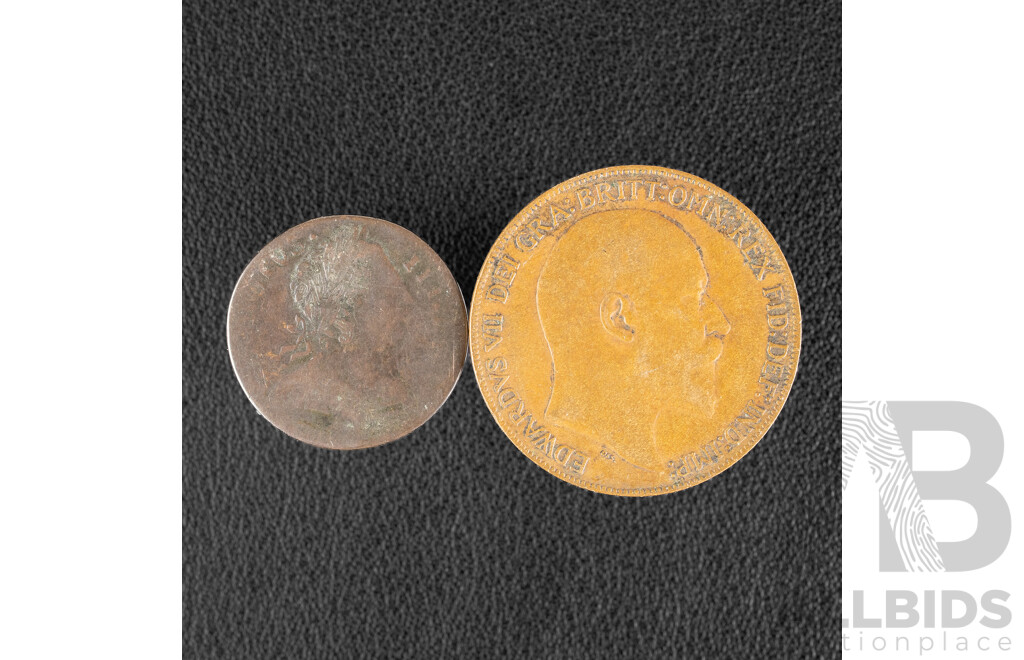 Great Britain 1775 KGIII Farthing and 1909 KEVII Penny