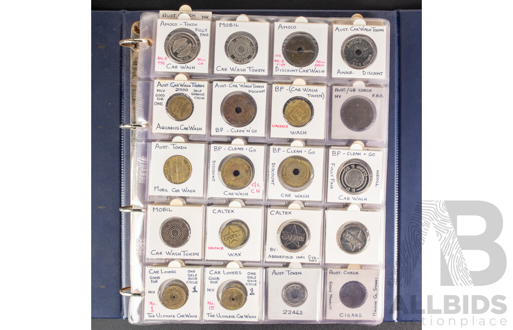 Album of Vintage Australian Car Wash, Gaming Machine and Amusement Tokens Including Caltex, Amoco, Mobile, Atlas and More - Approximately 230