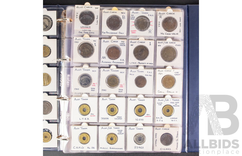 Album of Vintage Australian Car Wash, Gaming Machine and Amusement Tokens Including Caltex, Amoco, Mobile, Atlas and More -  Approximately 230